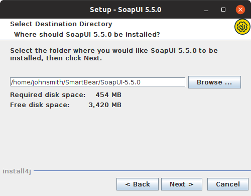 Installing SoapUI on Linux: Select destination directory