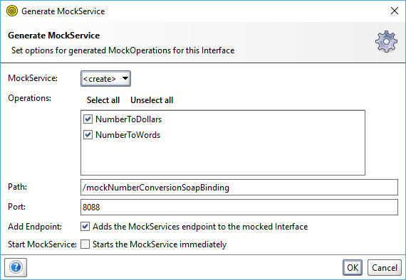 The Generate MockService dialog